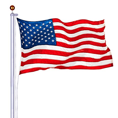 Easyzon 20 ft Grade Sectional Flagpole Kit Silver Aluminum Heavy Duty Outdoor Halyard Flagpole Free 3x5 US Flag Gold Ball In-Ground Pole and Hardware 20FT