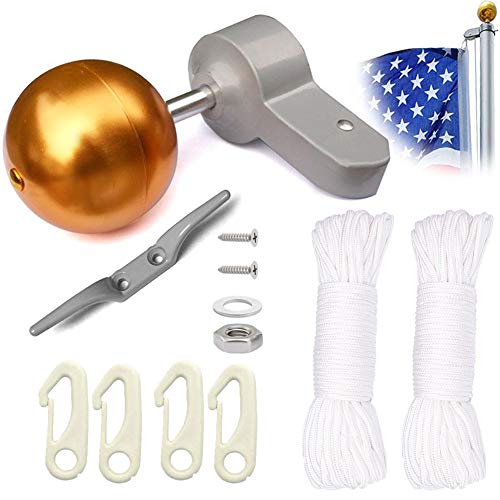 HiMo Flag Pole Parts Repair Kit 2 Diameter Pulley Truck-3 Deluxe Gold Ball-4 Cleat Hook-2pcs 46 ft Flag Halyard Rope for 2 Top Flagpole Hardware Flag Pole Repair Kits