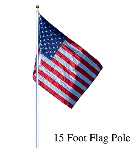Titan Telescoping Flag Poles Silver 15ft- Heavy Duty Aluminum Flag Pole Kit Kit Includes Telescoping Flagpole Hardware to Hang 2 Flags 3 x 5 American Flag and Installation Instructions