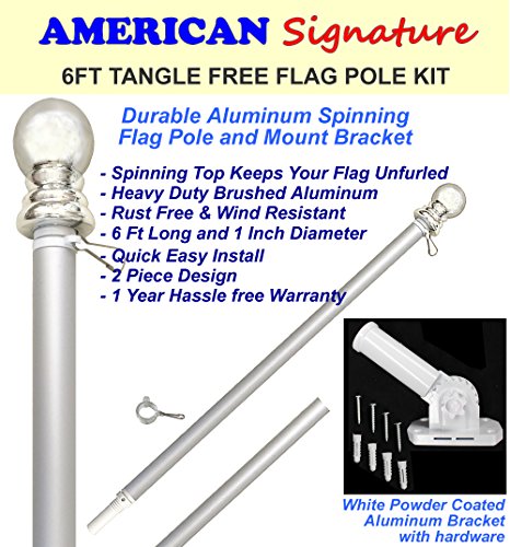 Flag Pole and Bracket Holder Kit Includes 6 Ft Heavy Duty Aluminum Tangle Free Spinning Flagpole and Adjustable Outdoor Wall Mount Bracket Silver 6