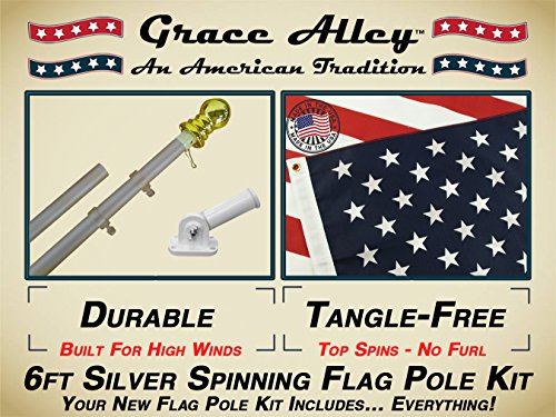 Grace Alley Wind Resistant  Rust Free Aluminum Flag Pole Kit Bundle with US Flag Flagpole and Flagpole Bracket 6-Feet Silver