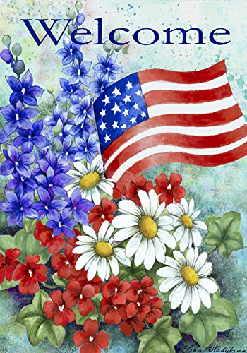 Toland - Patriotic Welcome - Decorative America Red White Flower Floral Blue USA-Produced House Flag