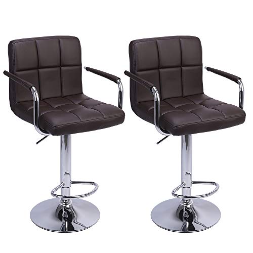 Bar Stool with Arms 2 PCS Square PU Leather Cushion Counter Height Chairs 360 Degree Swivel Brown
