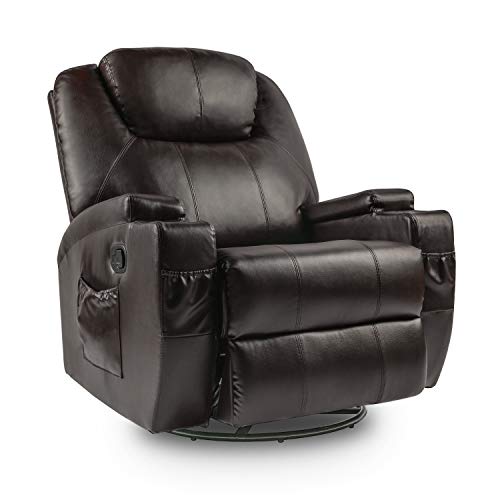 Lauraland Recliner Chair PU Leather Massage Recliner Ergonomic Lounge Heated 360 Degree Swivel Recliner Sofa for Living Gaming Room Headrest Adjustable Brown