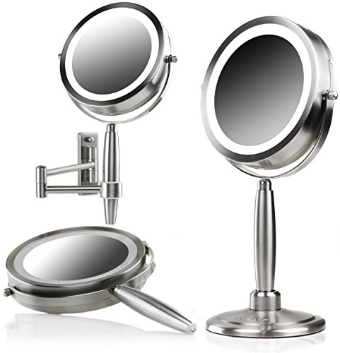 OVENTE Makeup Mirror 7 Inch with 3 in 1 Option of Handheld Tabletop or Wall Mount 8X Magnification and 3 Tones LED Light Double-Sided with 360 Degree Swivel Design Nickel Brushed MFM70BR1X8X