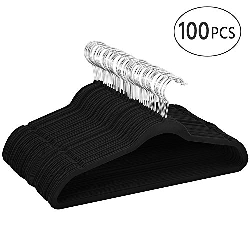 Yaheetech Velvet Suit Hangers 100 Pack Non Slip Ultra Thin Space Saving 360 Degree Swivel Black Clothes Hanger Hook