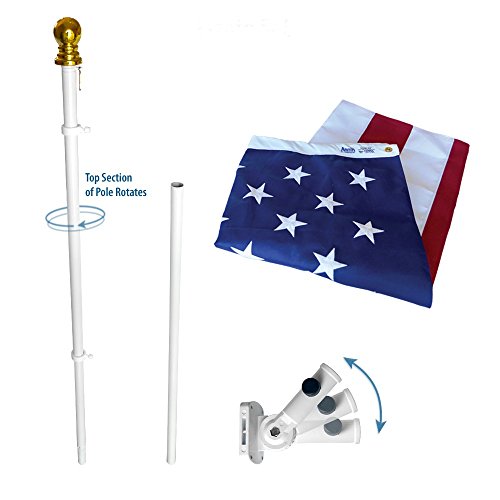 American Flag And Flagpole Set - 6 Ft. 2 Section White Spinning Pole That Rotates 360 Degrees With Us Flag 3x5