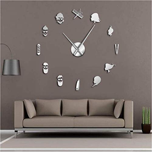 WPFZH Acrylic Wall Clock Barber Pole Shears Beauty Salon DIY Wall Art Giant Wall Clock Big Needle Frameless Barbering Shop Hairdressing Large Wall Watch Silver 27inch