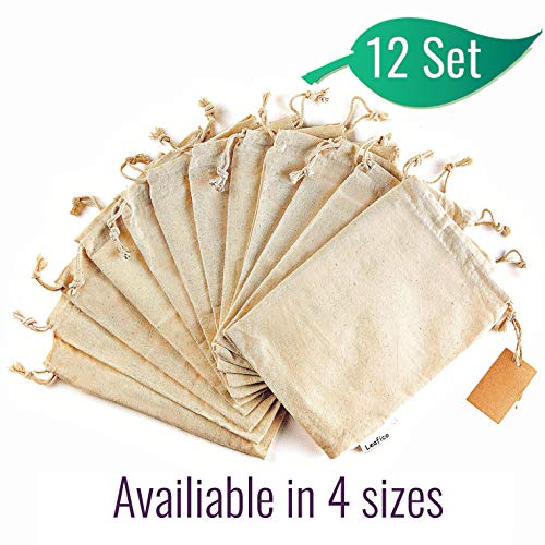 12 Pcs Organic Cotton Reusable Produce Bags Biodegradable Eco-Friendly Bulk Bin Bags for Food - Small 5x7 - Sachet Bags Fruit Vegetable Storage Drawstring Pouch - Produce Linen Bag by Leafico