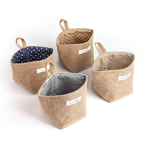 4pc Mini Hanging Storage Bag，Cotton Linen Small Storage Basket Decor Bin Bag with Handle for Wall Door Closet