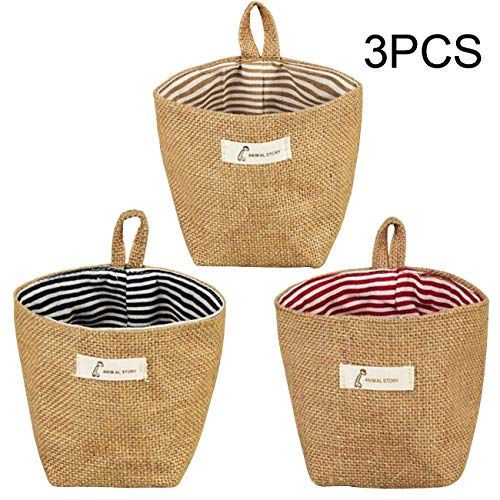 Acronde 3PCS Mini Hanging Storage Bag Cotton Linen Small Storage Basket Collapsible Convenient Decor Bin Bag for Room Wall Door Closet Stripe