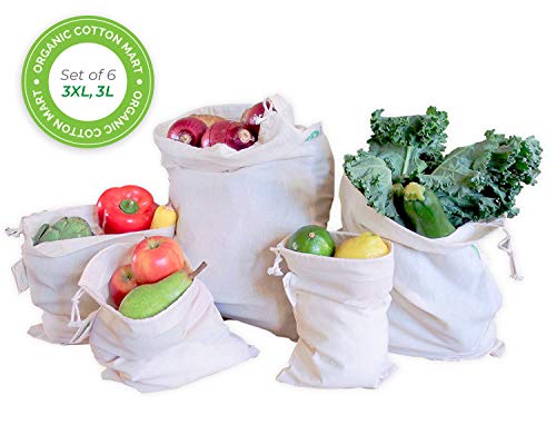 Reusable Bulk Bin Bags for Bulk Foods - Reusable Dry Goods Bags - Cloth Kitchen Bags - Organic Cotton Reusable Muslin Produce Bags - Home Storage Bags - Toy Bags 3 Large 3 X-Large