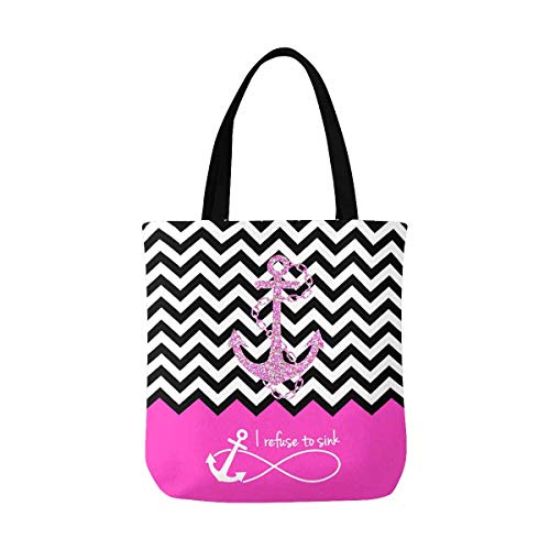 InterestPrint Pink Chevron Zigzag Infinity Anchor Quotes I Refuse to Sink Washable Canvas Tote Bag Resuable Grocery Bags Shopping Bags Canvas Tote Bag Perfect for Crafting Decorating