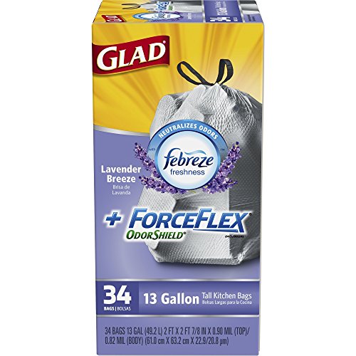 ForceFlex OdorShield Tall Kitchen Drawstring Glad Trash Bags Neutralizes Odors Lavender 13 Gallon 34 Count