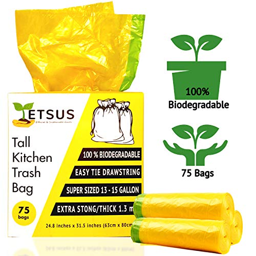 ETSUS Large Biodegradable Trash Bags 75 Pieces Tall Heavy Duty Rubbish Wastebasket Liner Bags Garbage Bags for Kitchen Bathroom Car Office 13 to 15 Gallon