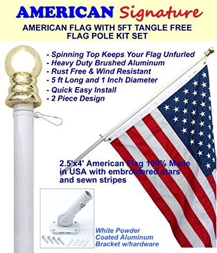 Flag Pole Kit - Includes 25x4 Ft American Flag 5 Foot Tangle Free Flag Pole and Flagpole Bracket Holder Kit Set White