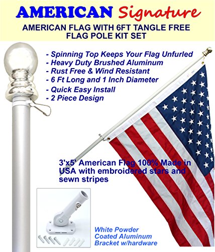 Flag Pole Kit - Includes 3x5 Ft American Flag 6 Foot Tangle Free Flag Pole and Flagpole Bracket Holder Kit Silver