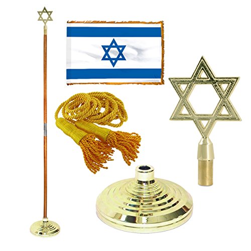 Israel 3ft x 5ft Flag Flagpole Base and Tassel  8 Ft Oak Pole Star of David