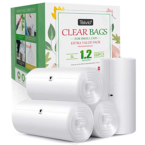 12 Gallon 220 Counts Strong Trash Bags Garbage Bags Bathroom Trash Can Bin Liners Small Plastic Bags for home office kitchen fit 5-6 Liter 08-16 and 1-15 Gal Clear
