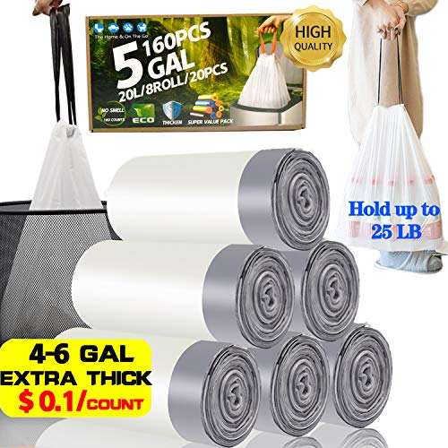 5 Gallon 160 Counts Strong Drawstring Trash Bags Garbage Bags Bathroom Trash Can Bin Liners Plastic Bags for home office kitchen 8 rolls160PCS - 177 X 197 inches