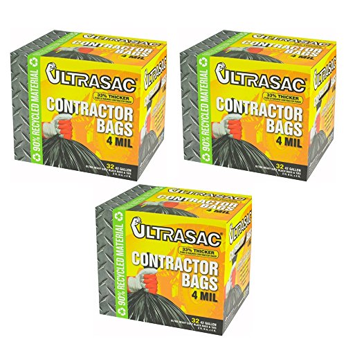 Aluf Plastics 770478 Ultrasac Heavy Duty Professional Quality Contractor Trash Bag 42 Gallon Capacity 48 Length x 33 Width x 4 mil Thick Black Case of 32 - Pack of 3