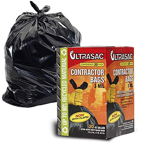 Contractor Bags by UltraSac - 42 Gallon 20 PACK w FLAP TIES 29in x 395in - 3 MIL Thick Large Black Heavy Duty Industrial Garbage Trashbags for Professional Construction and Commercial use