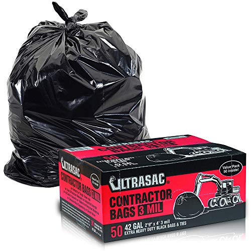 Heavy Duty Contractor Bags by Ultrasac - VALUE 50 PACK w TIES 42 Gallon 29 X 4 - 3 MIL Thick Large Black Industrial Garbage Trashbags for Construction and Commercial use