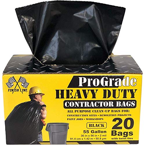 Reli ProGrade Contractor Trash Bags 55 Gallon 20 Bags wTies Black 55 Gallon Trash Bags Heavy Duty Garbage BagsConstruction Bags 2 mil 55 Gallon - 60 Gallon Black