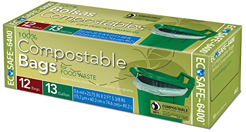 Ecosafe Compostable Tall Kitchen 13 Gallon Garbage Bags 12 Count Green - No Twist Ties Added
