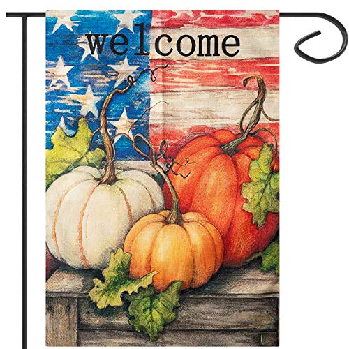 Apipi 18 x 12 Inch Welcome Fall Garden Flag- Double Sided Patriotic Decorative Thanksgiving Autumn Harvest Pumpkin House Flag Rustic Country Burlap Garden Yard Flag for Home Seasonal Outdoor Decor