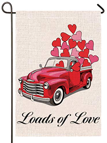 Atenia Burlap Garden Flag Double Sided Garden Outdoor Yard Flags for Valentines Decor Love Truck