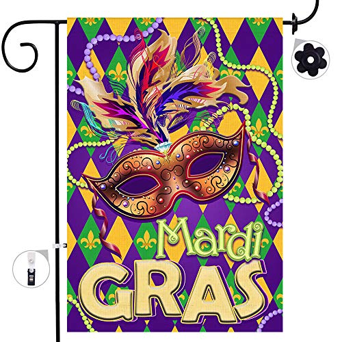 Bonsai Tree Mardi Gras Garden Flag Double Sided Mask Beads Decorative Burlap House Flags 12x18 Prime Fleur De Lis Carnival Yard Signs Holiday Outdoor Decor