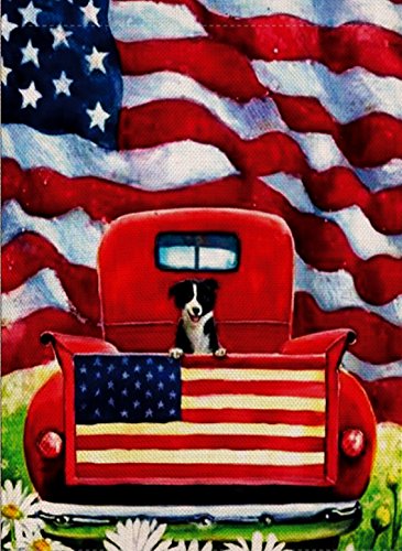 Dyrenson Decorative Outdoor 4th of July Dog Flowers Garden Flag Double Sided Rustic Farm Old Red Truck House Yard Flag Daisy Home American Holiday USA Seasonal Outdoor Flag 125 x 18 Gift