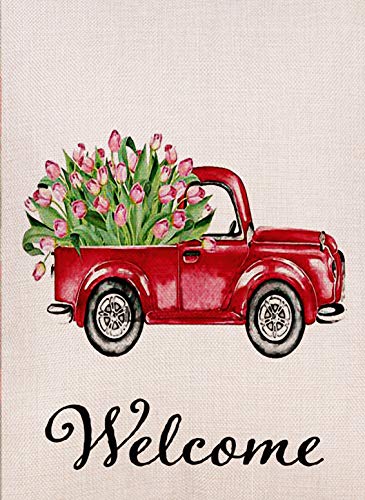 Dyrenson Home Decorative Love Valentines Day Small Garden Flag Tulips Flower Double Sided Welcome Quote House Red Truck Burlap Yard Decoration Seasonal Outdoor Décor Flag 125 x 18 Spring Summer