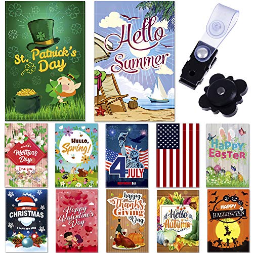 Garden Flags - Set of 12 Seasonal Garden Flags - Festive Outdoor Garden Flags for 12 Monthly Holidays - Yard Flags Made of Sturdy Polyester with Flag Stopper and Mount Included - 12x18 Inches Size