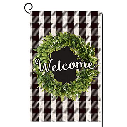 ORTIGIA Small Boxwood Wreath Welcome Garden Flag Vertical Double SidedBuffalo Check Plaid Rustic Farmhouse Burlap Flag Yard Outdoor DecorationSeasonal Outdoor Flag 12 x 18inch Black