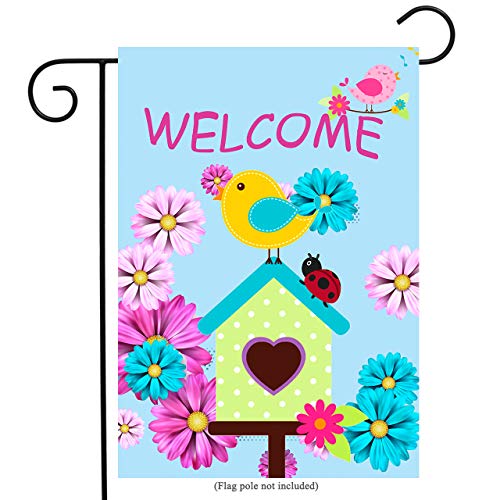 uHome Welcome Spring Garden Flag Bird Ladybug and Vivid Flowers Double-Sided Yard Flag
