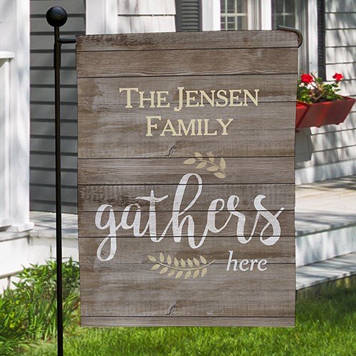 Personalized Family Gathers Here Double Sided Garden Flag 12 12 w x 18 h Polyester