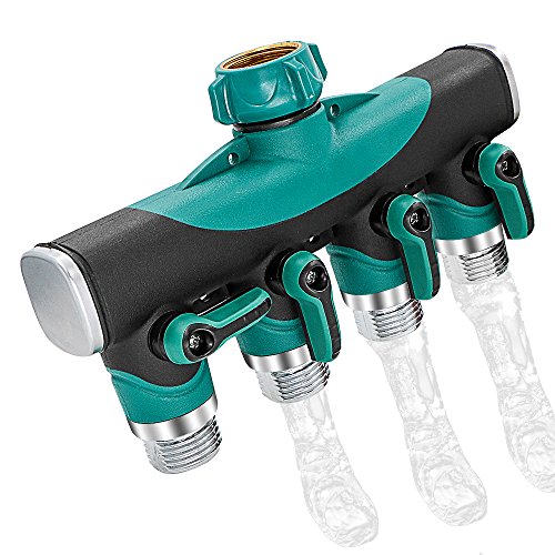 Garden Hose Splitter Rusee Metal 4 Way Y Ball Valve Hose Connector with Comfortable Rubberized Grip Shut-Off Valves for Home Lawn Outdoor Faucet Sprinkler Drip Irrigation Systems