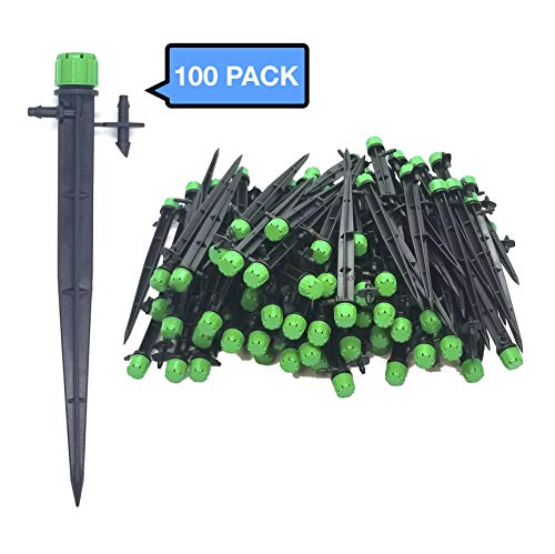 100-PACK - 14 Inch Universal 360 Degree Drip Emitter On 6 Stake - Adjustable Flow 0-185 GPH Fit 14 4-7mm Drip Irrigation Tubing - Professional Grade Drippers for Drip Irrigation