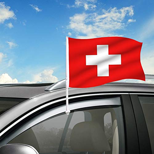 BANNER BUZZ MAKE IT VISIBLE Switzerland Car Flag Window Clip Flag 18 X 12 Including Poles for Patriotic Sports Events Parades Premium - Double Side Printing Pack of 5