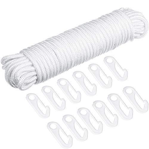 Boao 50 Feet Flagpole Line Flagpole Rope 14 Inch Thick with 12 Pieces Nylon Flag Pole Hook Clips Snaps Hook Flag Pole Attachment for Flagpoles up to 25 Feet White