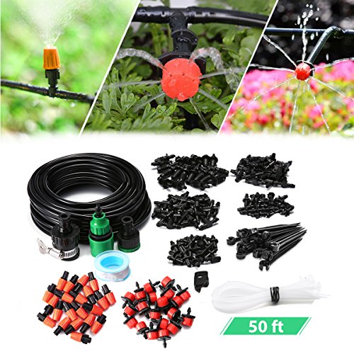 AGSIVO Drip Irrigation Kits Garden Watering System Included 50 Feet Tubing Connectors Hole Puncher Atomizing Nozzle Mister Dripper and All Accessories for Plant Watering