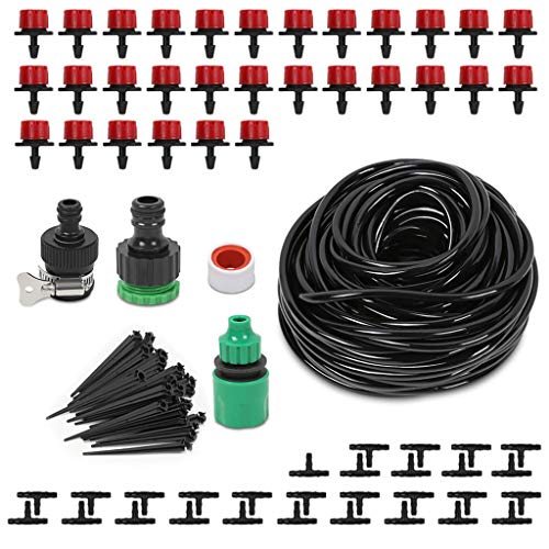 IronBuddy Drip Irrigation Kit Plant Watering Micro-Irrigation System Watering Hose Drippers for Garden Greenhouse Lawn - 82ft 14 Hose 30 Pcs Drippers