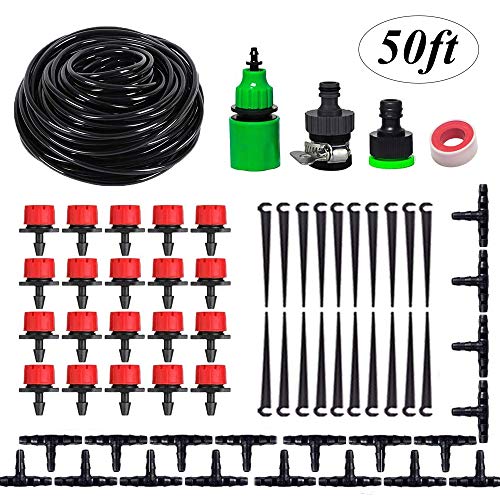 Kalolary 50ft Drip Irrigation Kits Accessories Plant Watering System Adjustable Home Garden Patio Misting Micro Flow Drip Irrigation Misting Cooling System