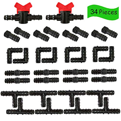 Yamlion Drip Irrigation Fittings Kit Irrigation Barbed Connectors for 12 Tubing 34 Piece - 2 Switch Valves 8 Couplings 8 Tees 8 Elbows and 8 End Cap Plugs Irrigation Water Hose Connector
