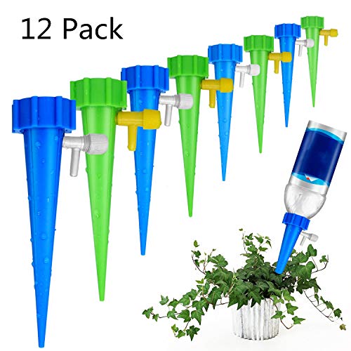 Develoo 12pcs Adjustable Self Watering Spikes-Plastic Bottle Drip Spikes Water Flow Drip Irrigation System with Control Valve Plant Waterer for Garden Plants Indoor and Outdoor