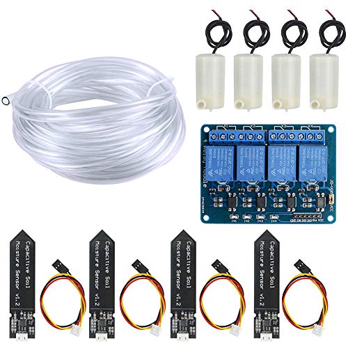 WayinTop Automatic Irrigation DIY Kit Self Watering System with Tutorial 4pcs Capacitive Soil Moisture Sensor 4Channel 5V Relay Module and 4pcs Water Pump  5M Vinyl Tubing for Garden Plant Flower