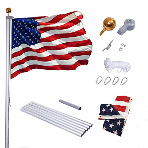 Supole Extra Thick 20FT Sectional Flag Pole Kit Heavy Duty American Aluminum Flagpole Set with 100 Polyester 3x5 US Flag Golden Ball Top Stainless Steel Clips for Commercial or Residential Silver