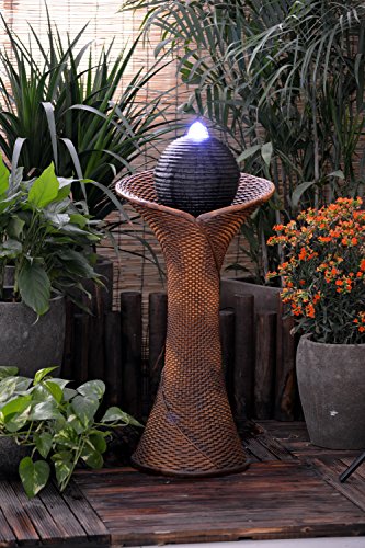 ASC Solar Powered Rattan Pillar and Bowls Water Feature with LED Light